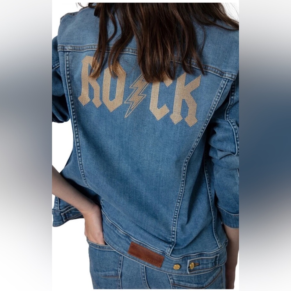 $448 Zadig & Voltaire Kase Flash Rock Strass Denim Jacket M Embellished